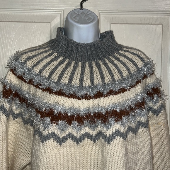 LOU & GREY • Irish Cream Festive Metallic Accent Fair Isle Mockneck Sweater XL - Picture 4 of 5